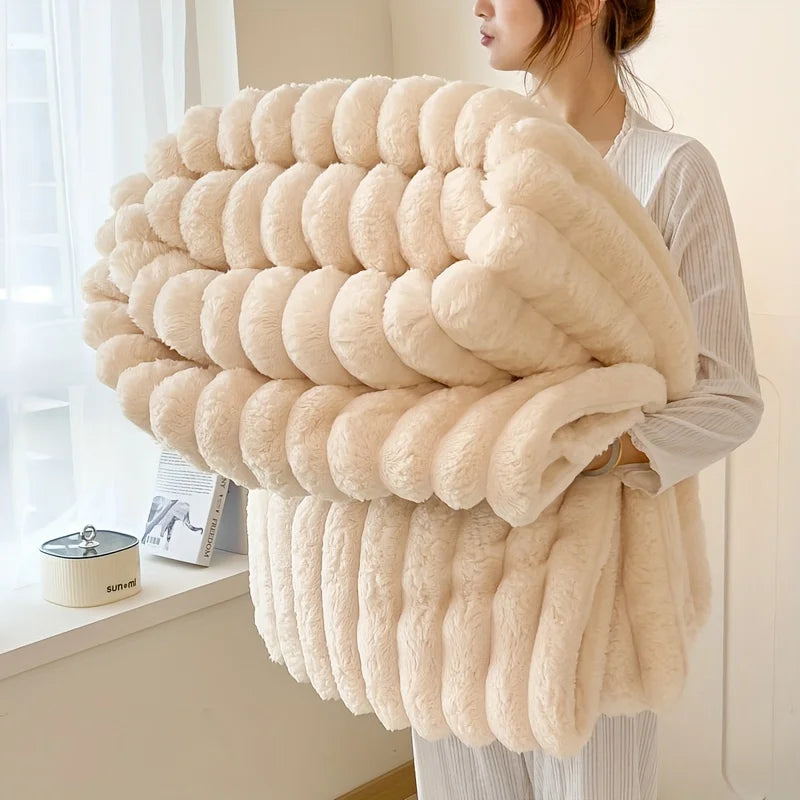 Simplicity Solid Color Thick Wide Strip Multifunctional Blanket Autumn Winter Flannel Bedroom Warm Blanket Leisure Time Blanket